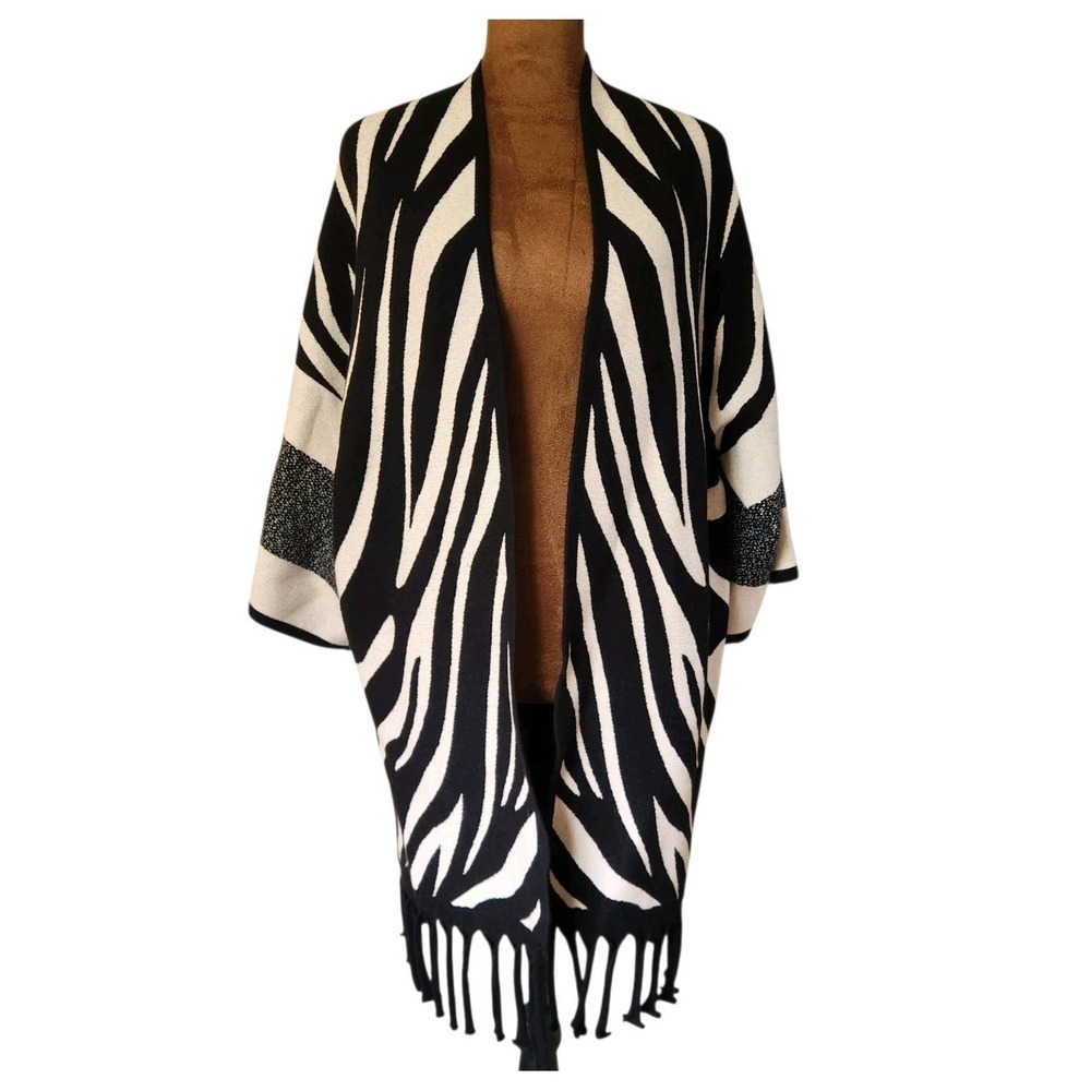 Frank Lyman Zebra Fringe‎ Cardigan Sweater Open Size M Women's Knit Animal Print